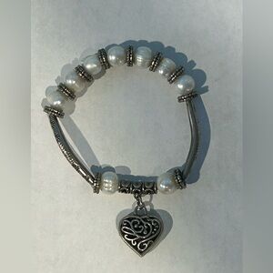 Brighton Pearl Spacer Silver Tone Stretch Heart Toggle Bracelet